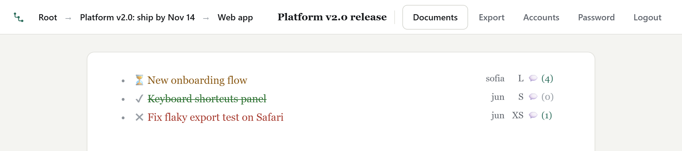 Nested zoomed into the Web app branch. The breadcrumb reads Root, Platform v2.0: ship by Nov 14, Web app, and the view lists only that branch's three tasks.